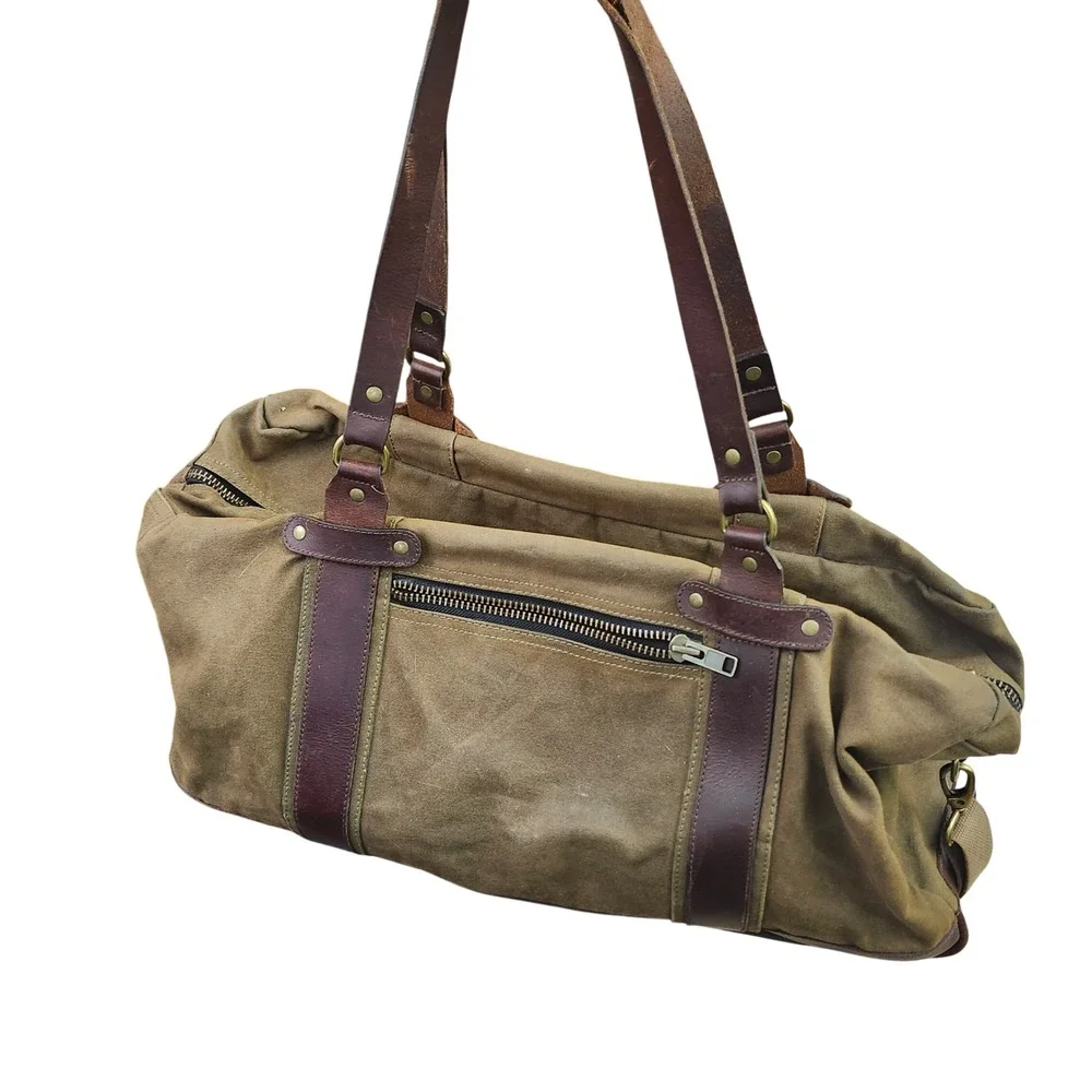 The Normal Brand Waxed Canvas Leather Duffel Bag Olive Green Weekender Travel